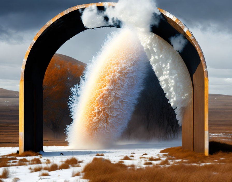 Arched structure framing surreal tree with foam leaves against cloudy sky and golden field