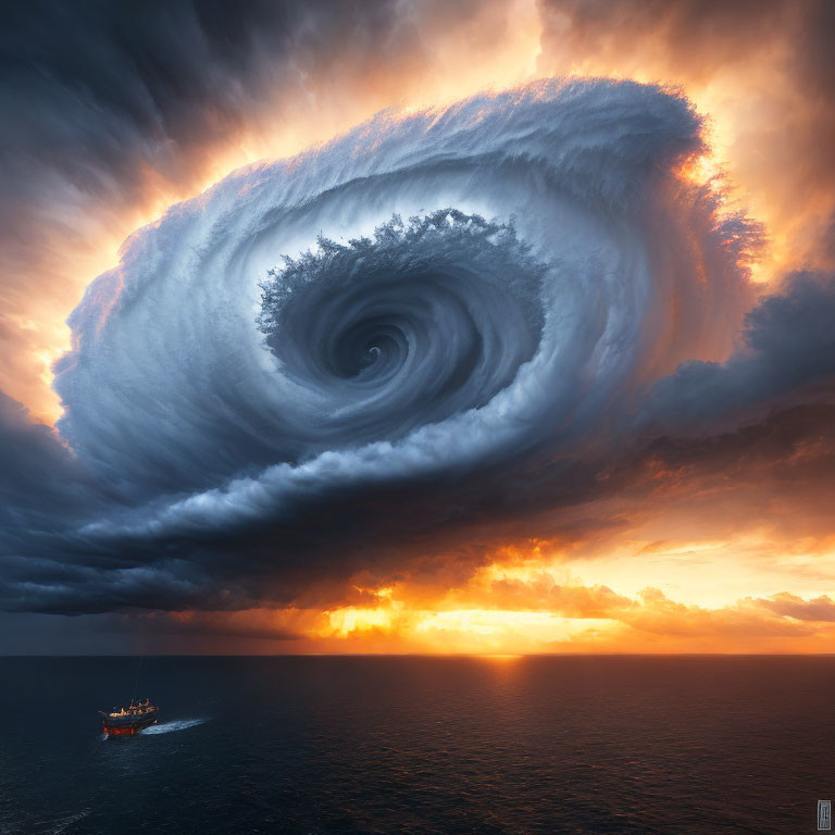 Digital art of massive spiral storm over ocean with ship and sunset