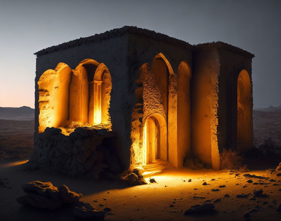 Abandoned Building Illuminated in Desert Dusk