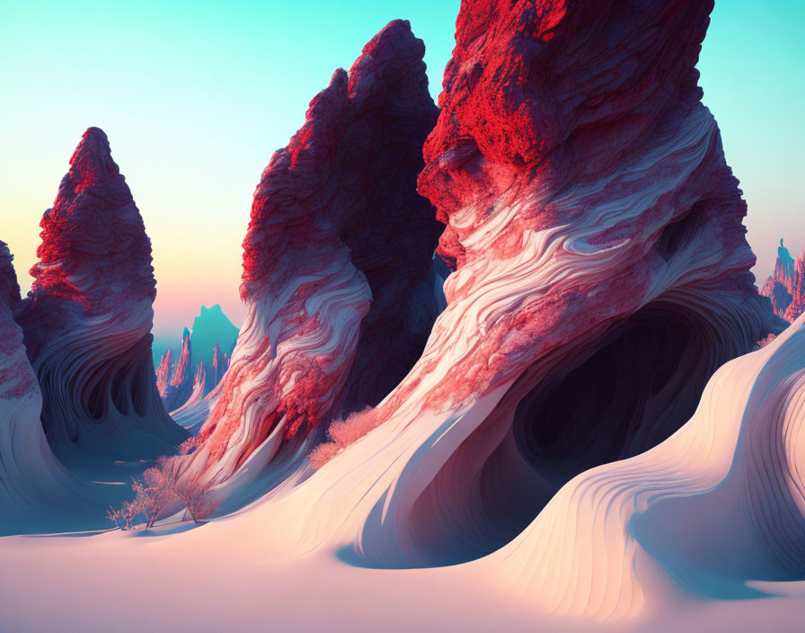 Red Striped Rock Formations and White Dunes in Surreal Landscape