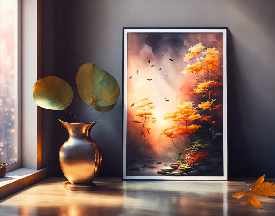 Misty forest painting with orange foliage and metallic vase on wooden windowsill