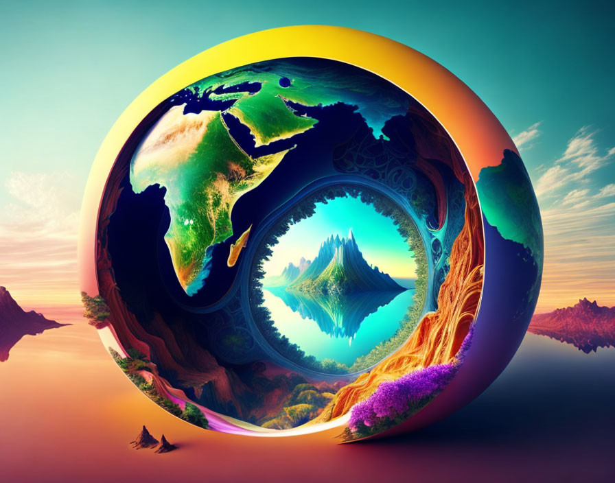 Surreal Earth globe loop with inverted mountain in sky