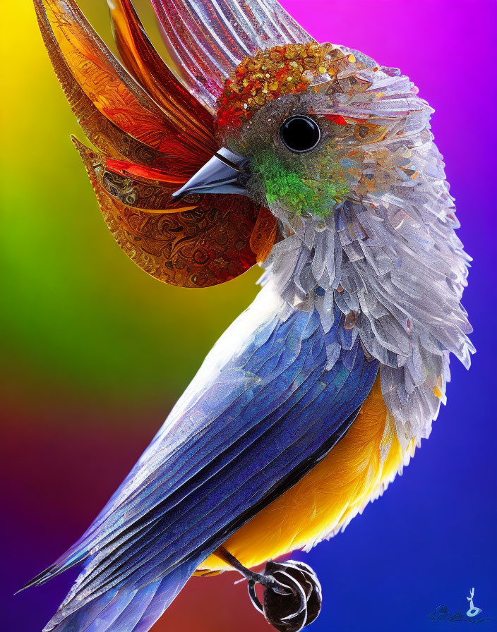 Colorful Bird Artwork with Detailed Feather Patterns on Rainbow Background