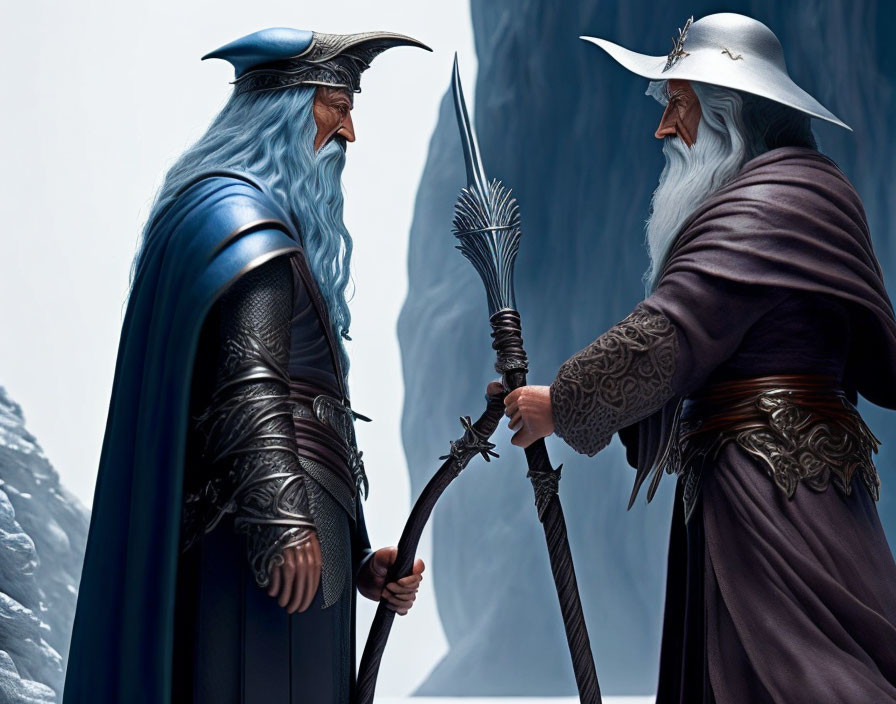 Fantasy artwork of two wizards with staff and spear in ornate robes and hats