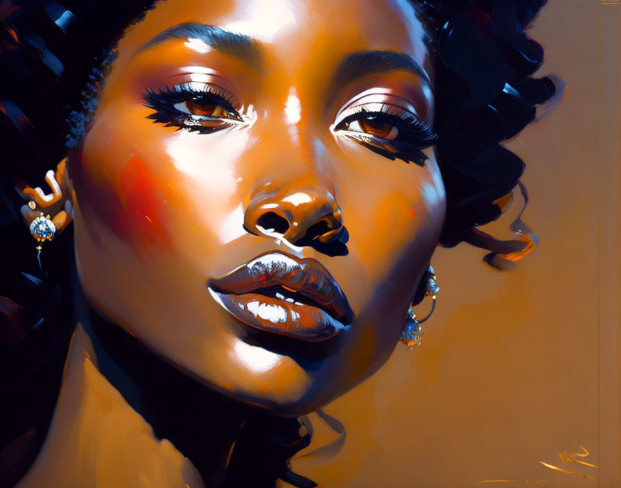 Stylized portrait of a woman with glowing skin and elegant earrings in warm color palette