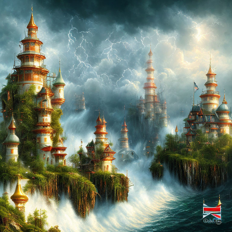 Digital artwork: Mythical floating city with Asian-inspired towers, waterfalls, clouds, stormy sky