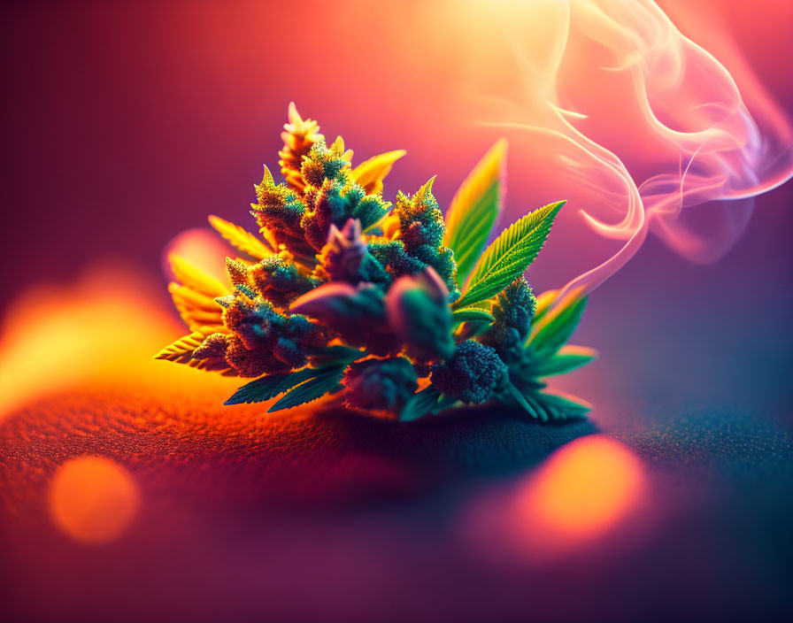 Colorful Cannabis Bud with Swirling Smoke on Warm Background