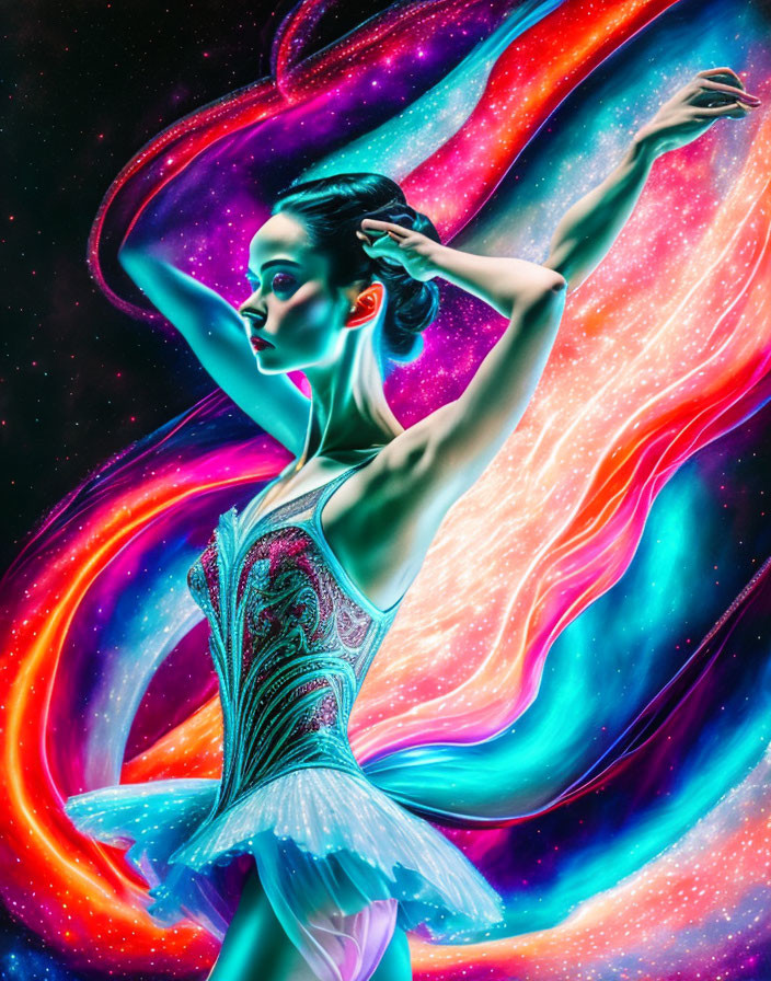 Colorful digital art: Ballerina surrounded by cosmic nebula