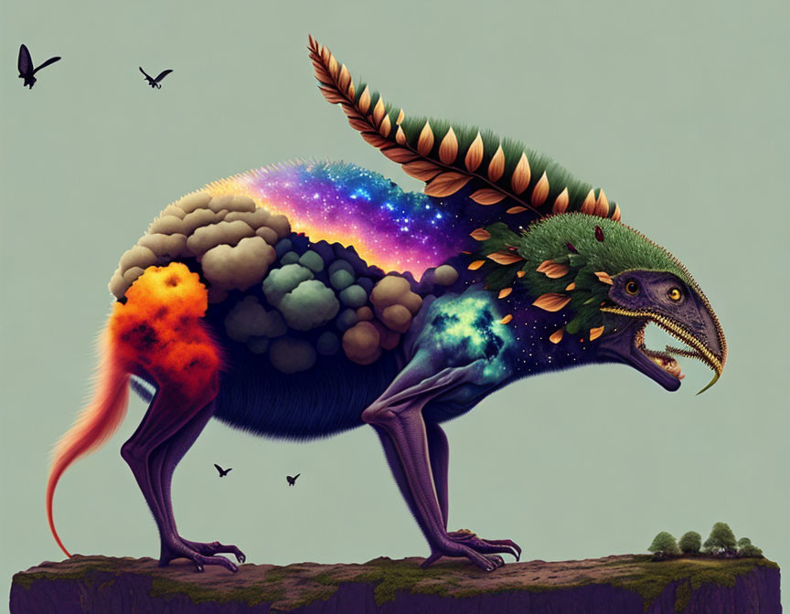 Colorful Dinosaur-like Creature with Celestial Elements on Cliff