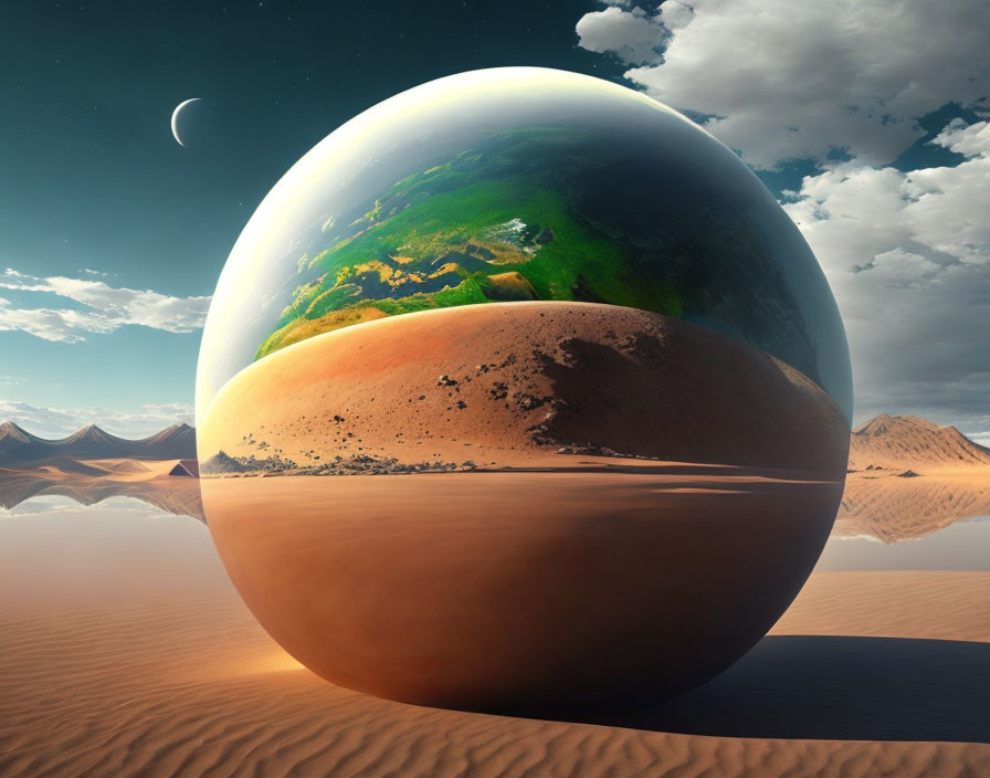 Surreal giant glossy Earth-like sphere in desert landscape