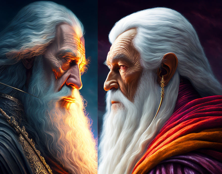 Dual wizards in blue and gold, red cloak, colorful backdrops