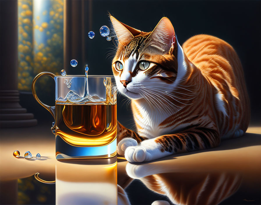 Orange Tabby Cat Relaxing Next to Glass Mug of Beer with Sunlight Filtering Through Window