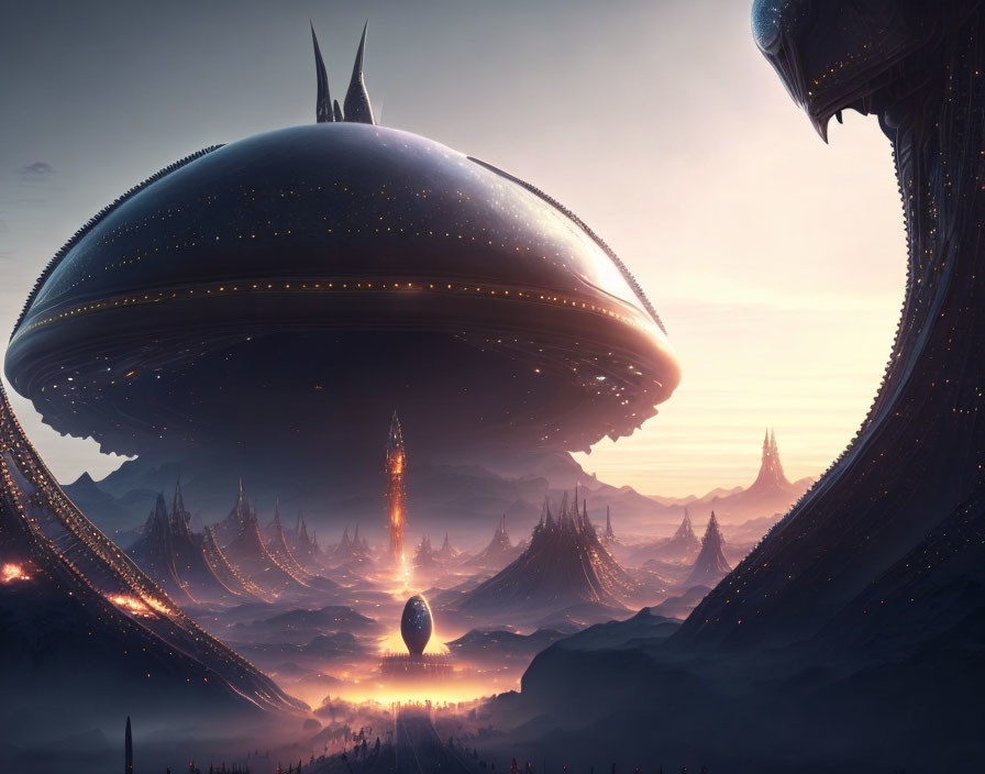 Alien spaceship hovers over dystopian landscape with glowing lights.