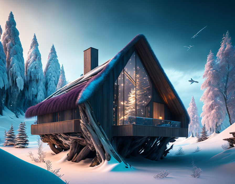 Modern Cabin with Large Windows in Snowy Twilight Forest Landscape