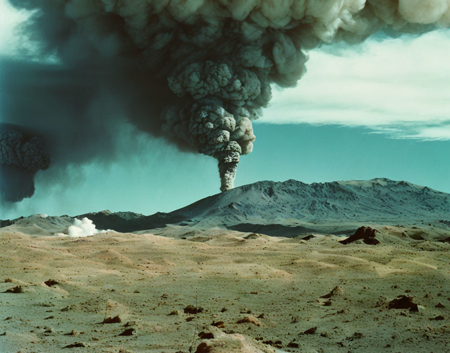 Volcano erupts, dense smoke and ash over barren landscape