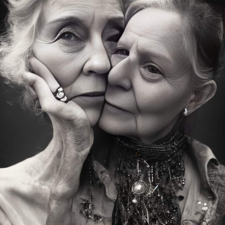 Intimate black and white portrait of two older women in close embrace