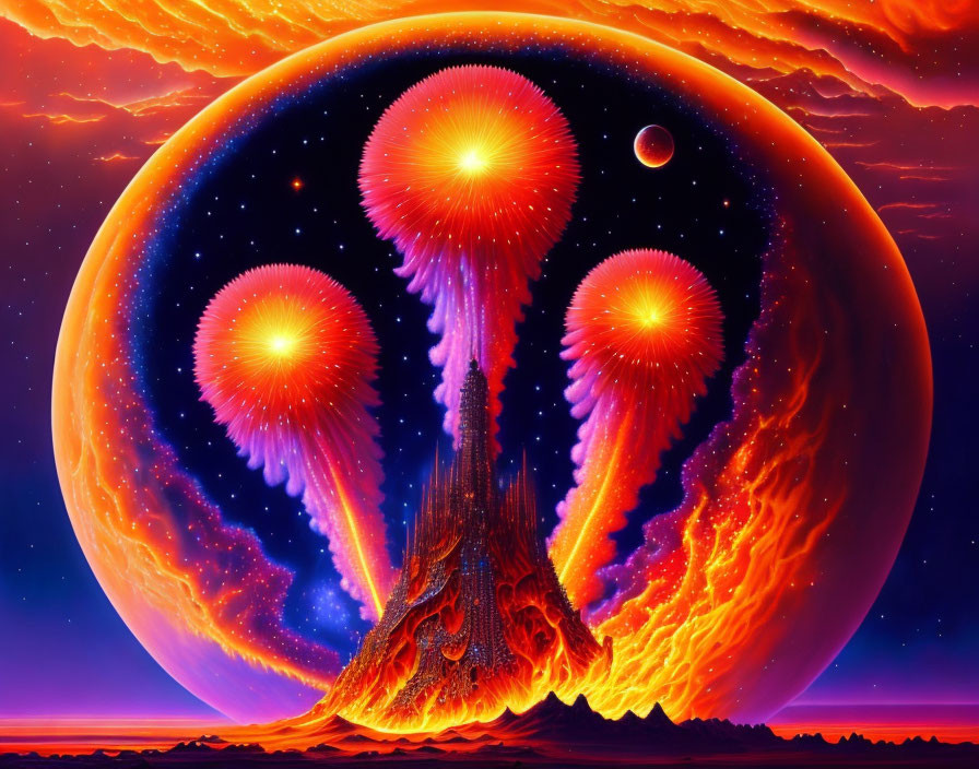 Colorful sci-fi landscape with three jellyfish-like entities against a backdrop of a planet and starry