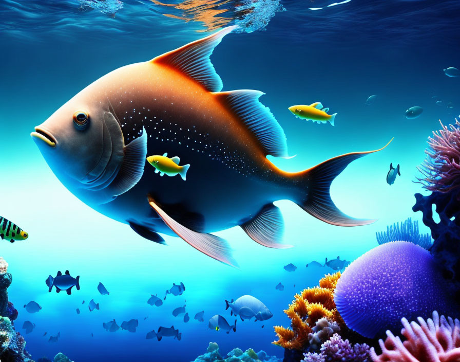 Colorful Underwater Scene with Large Fish and Coral Reef