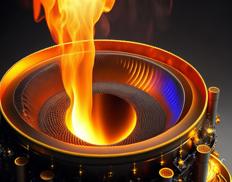 Futuristic orange heating element artwork with glowing flame on dark backdrop