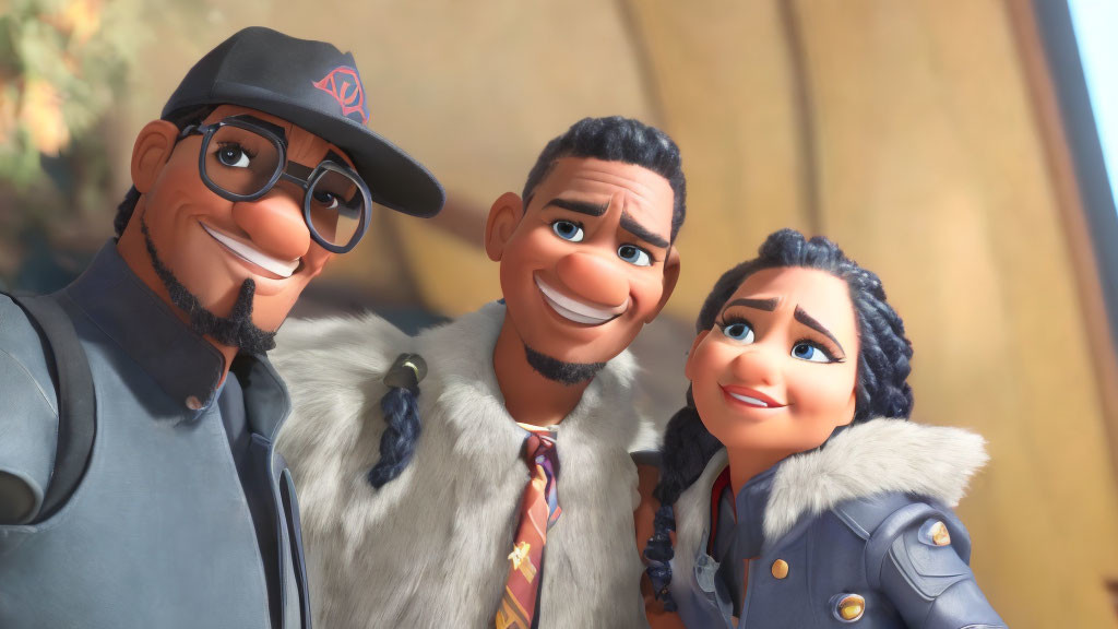 Three Smiling Animated Characters in Stylish Winter Outfits