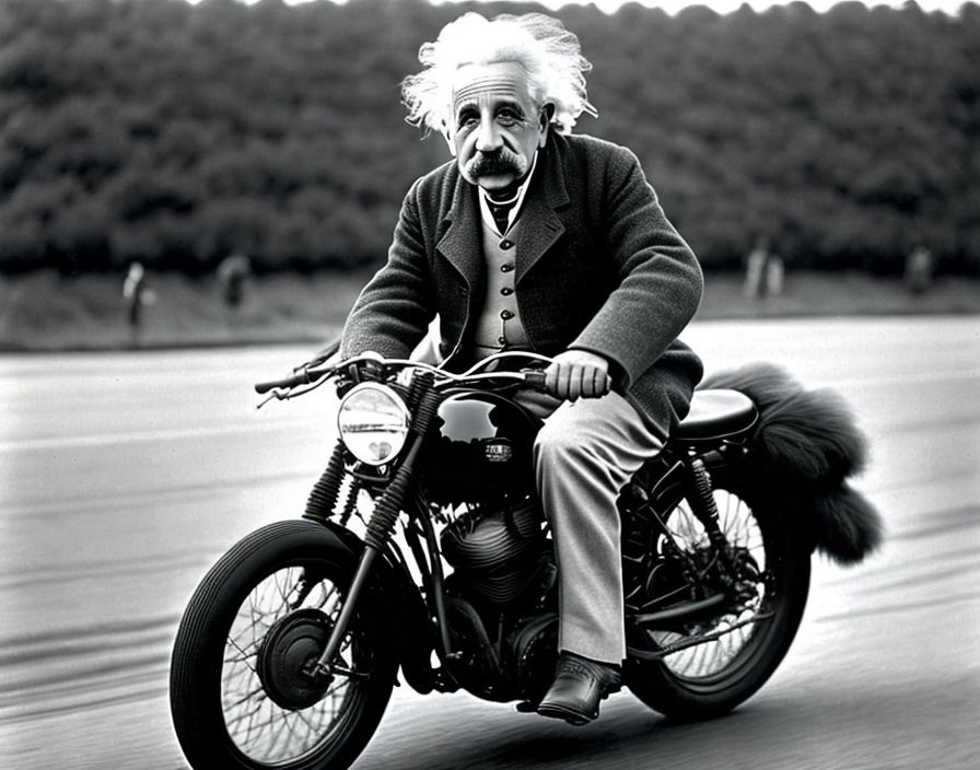 Monochrome image of man with wild hair on classic motorcycle