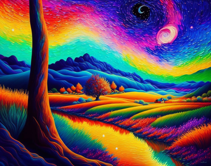 Colorful Landscape Painting with Swirling Sky, Tree, Rolling Hills, Crescent Moon