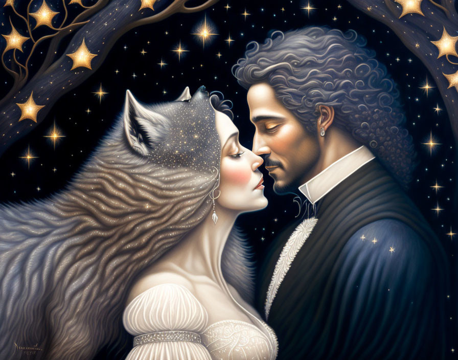 Fantasy illustration of man and wolf-headed woman in romantic scene under starry sky