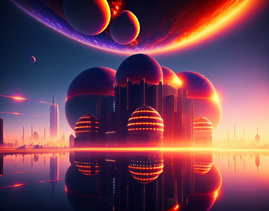 Futuristic cityscape with spherical buildings under alien sky