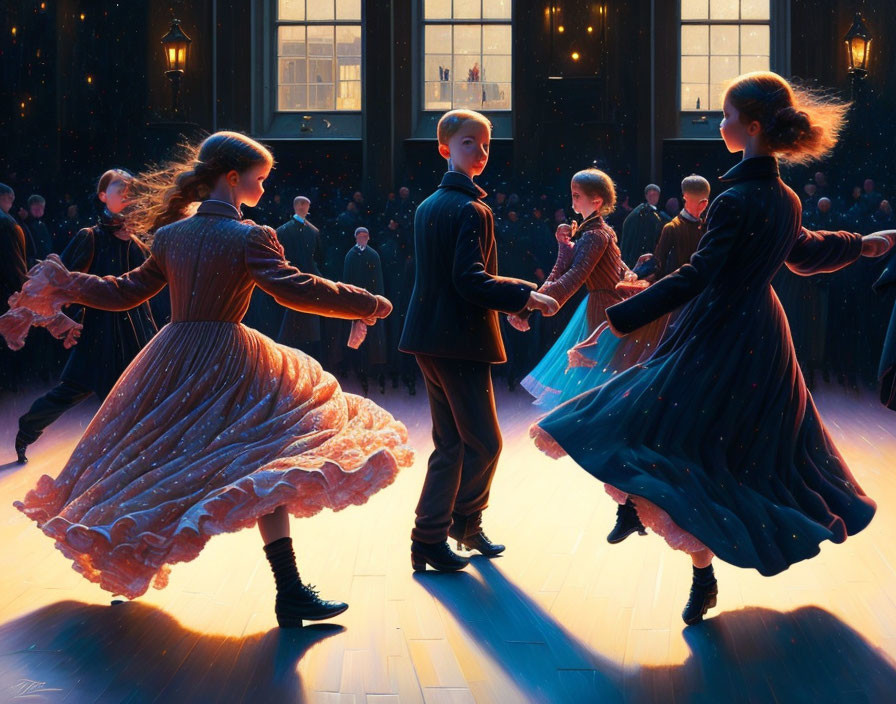 Elegant children dance in sunlit hall with chandeliers