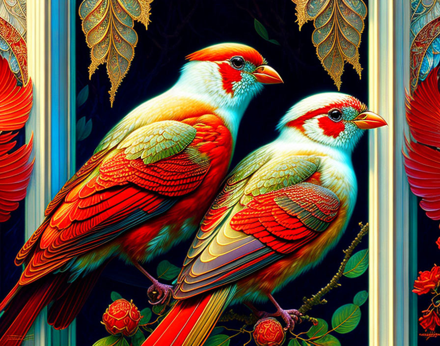 Vibrantly colored birds with red and yellow plumage on ornate branch panels