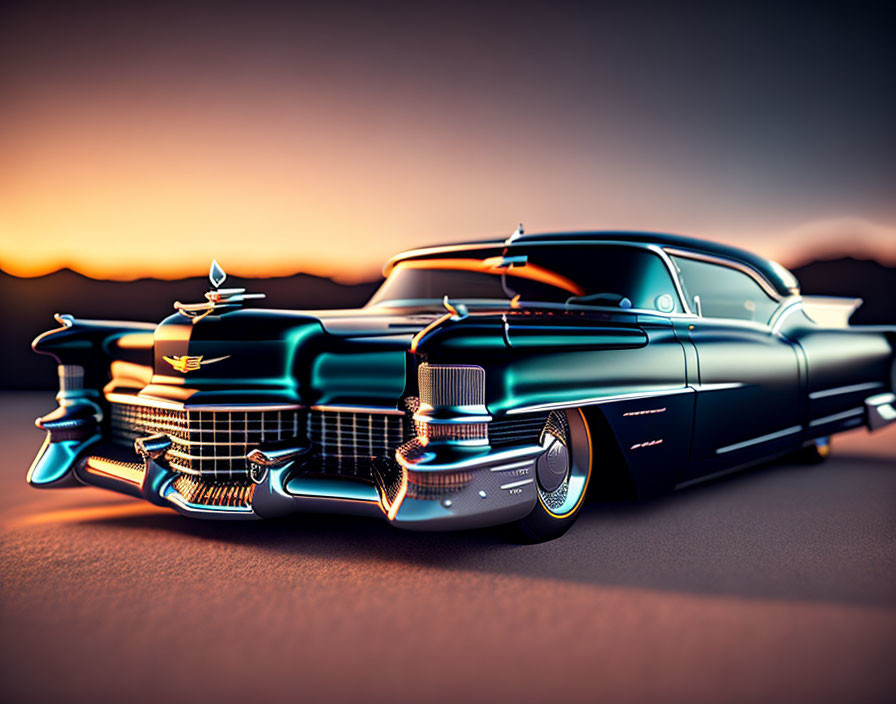 Classic Car with Tailfins and Chrome Accents in Sunset Setting