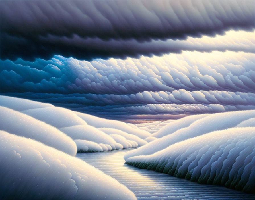 Surreal Landscape with Rolling Cloud-like Hills and Dramatic Sky