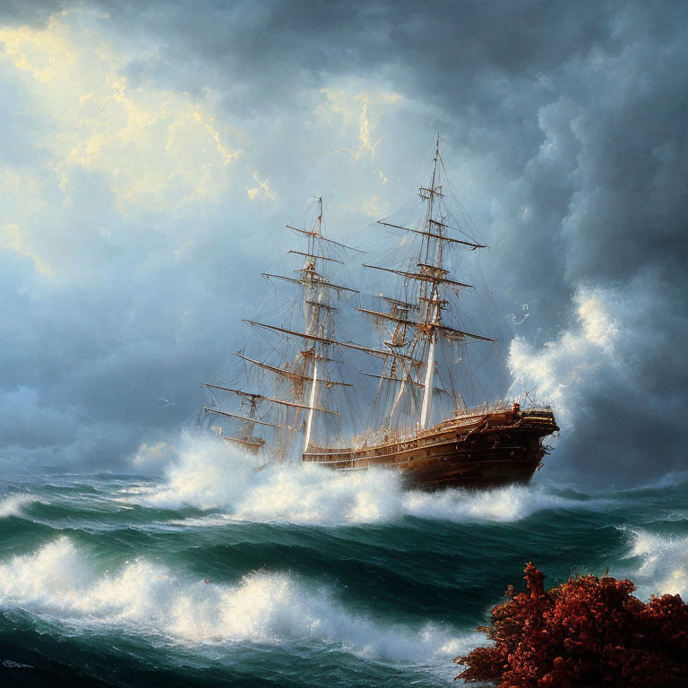 Sailing ship in stormy sea with sunlight piercing clouds