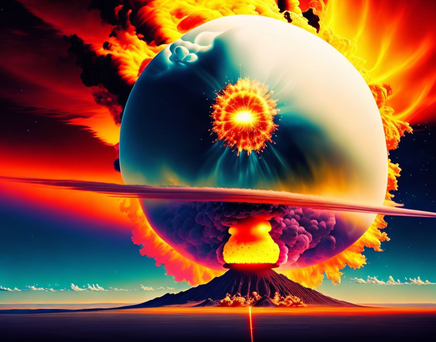 Vivid surreal image of volcanic eruption with atomic explosion in fiery sky