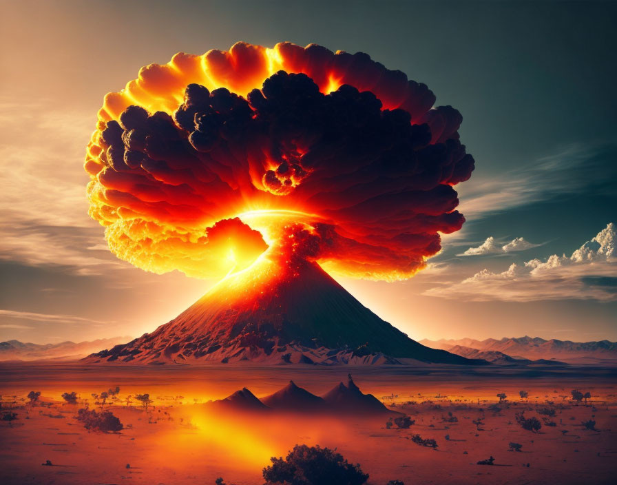 Massive volcanic eruption creates ominous mushroom cloud in desert sky