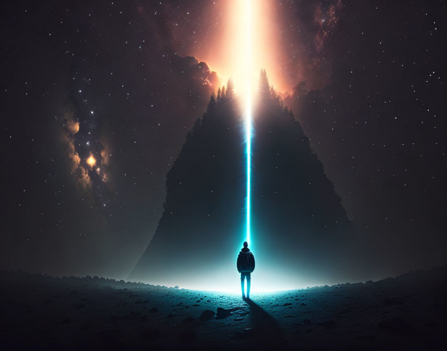 Figure standing before towering mountain with radiant beam of light.