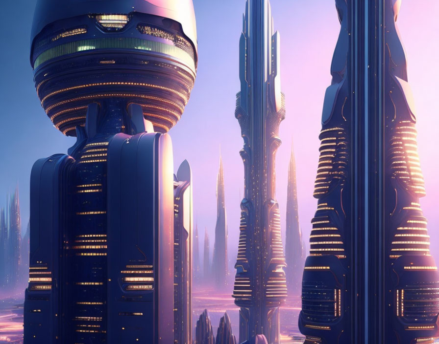 Futuristic cityscape with sleek skyscrapers under pink and purple sky