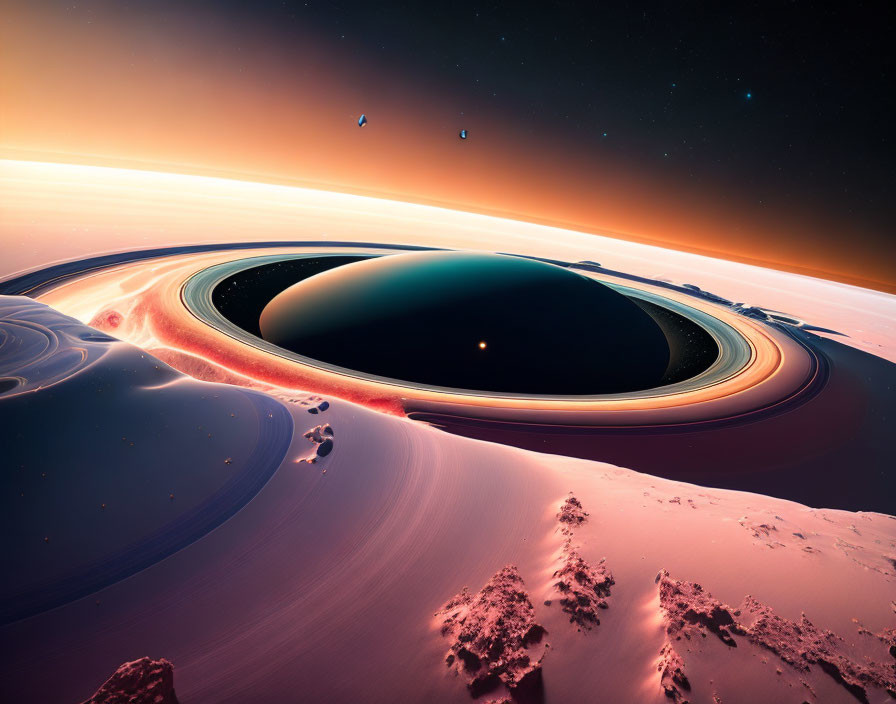 Surreal space scene: ringed planet, rocky surface, vibrant sky