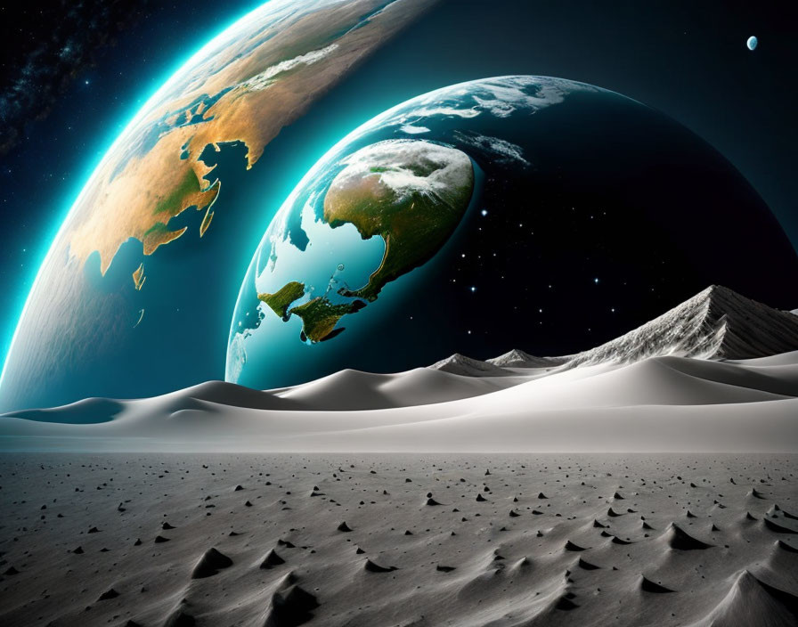 Snow-covered desert landscape with oversized planetary bodies in the sky