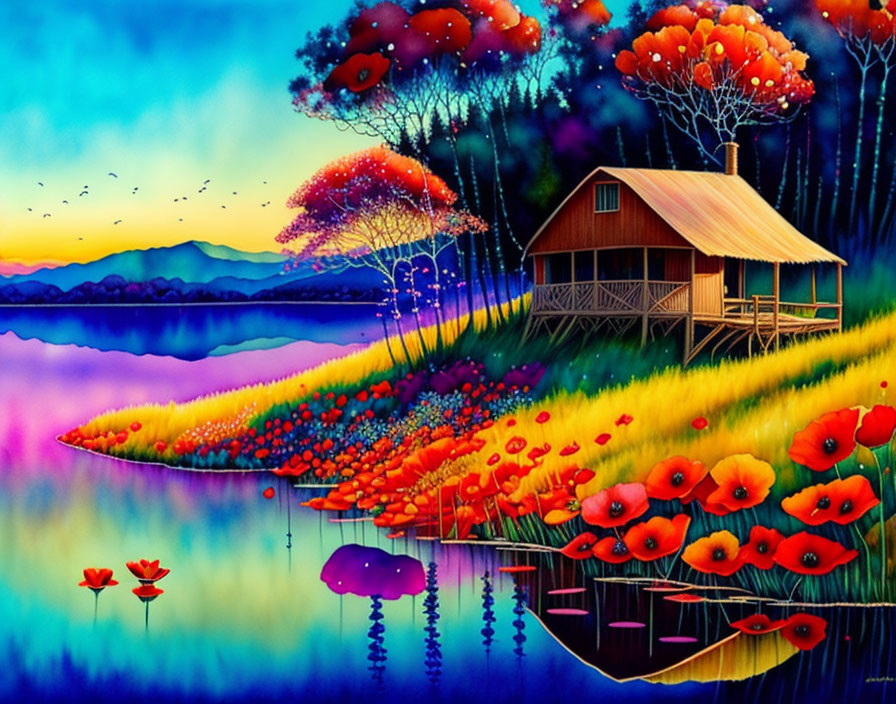 Colorful Lakeside Cabin Artwork with Flora and Twilight Sky