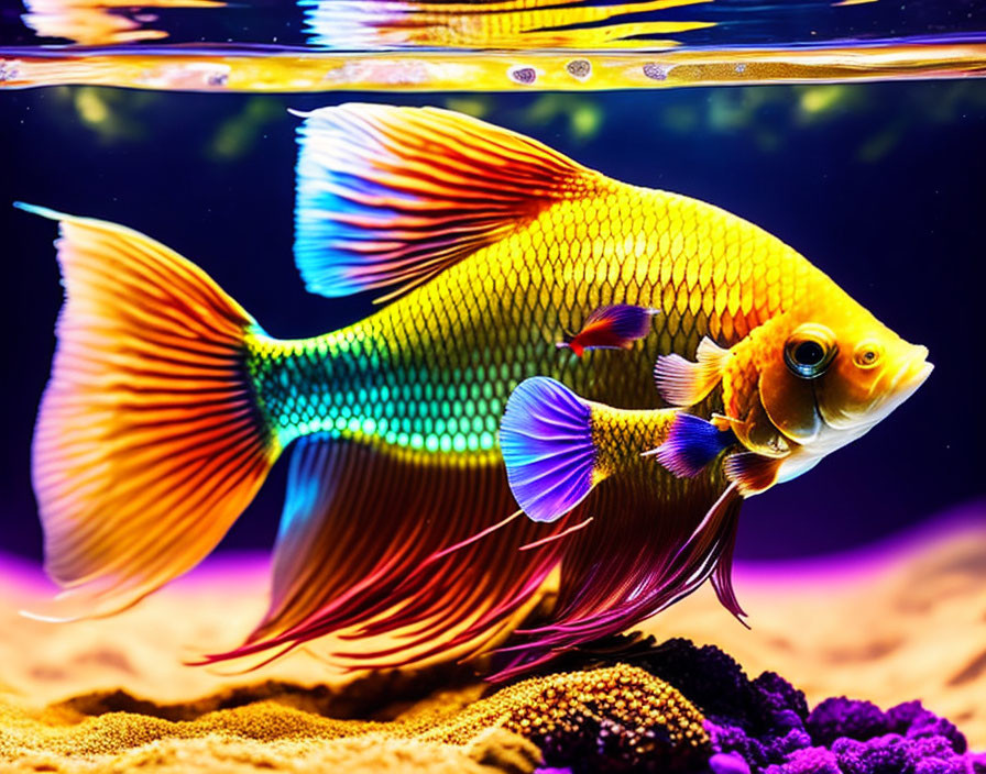 Colorful Aquarium Scene: Graceful Goldfish with Delicate Fins and Coral Environment