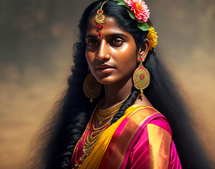 Dark-haired woman in traditional Indian attire with flower and jewelry gazes aside on brown background