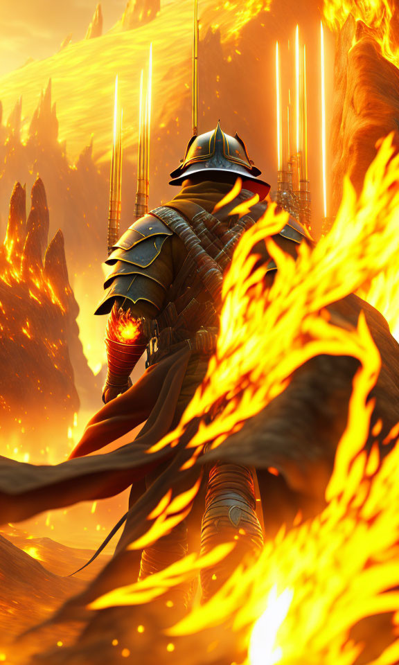 Medieval warrior in helmet surrounded by fiery landscape