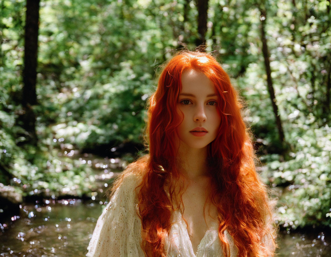 Vibrant red-haired person in sunlit forest with stream and trees.