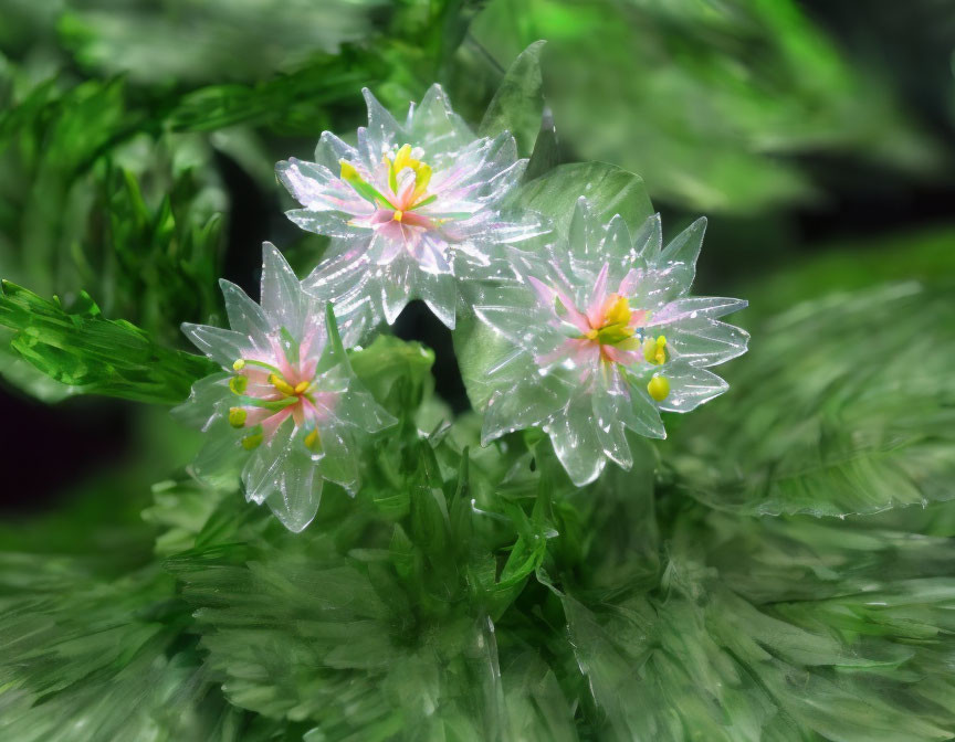 Translucent white flowers with yellow and pink centers in green foliage.