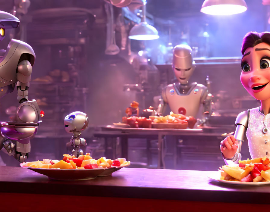 Animated robots in kitchen scene with one serving food to excited female robot