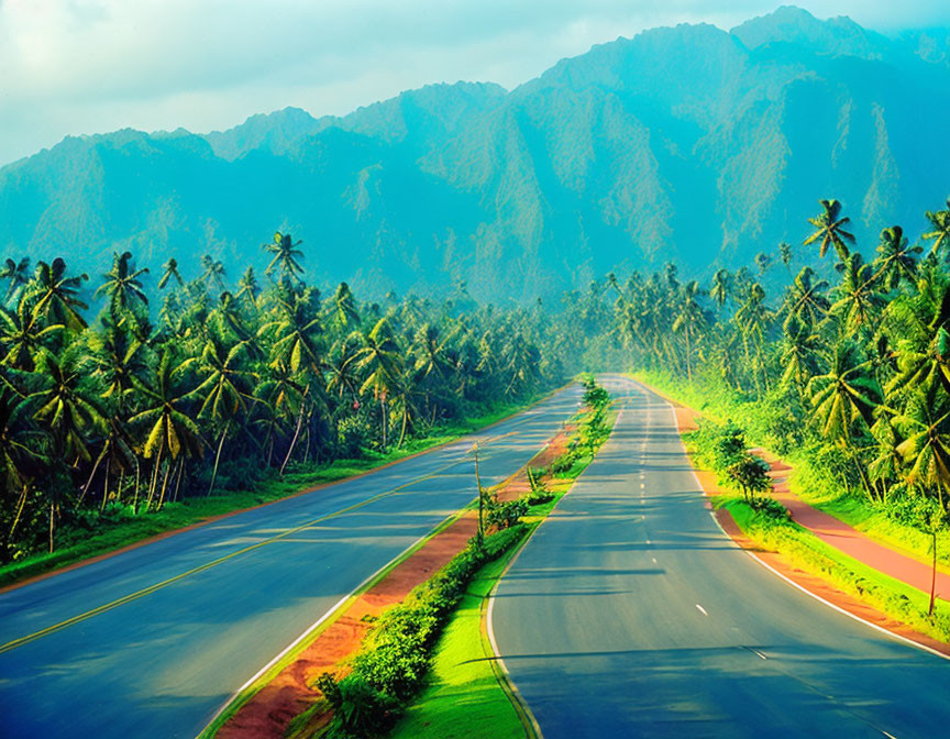 Scenic Tropical Road with Palm Trees and Mountain Range
