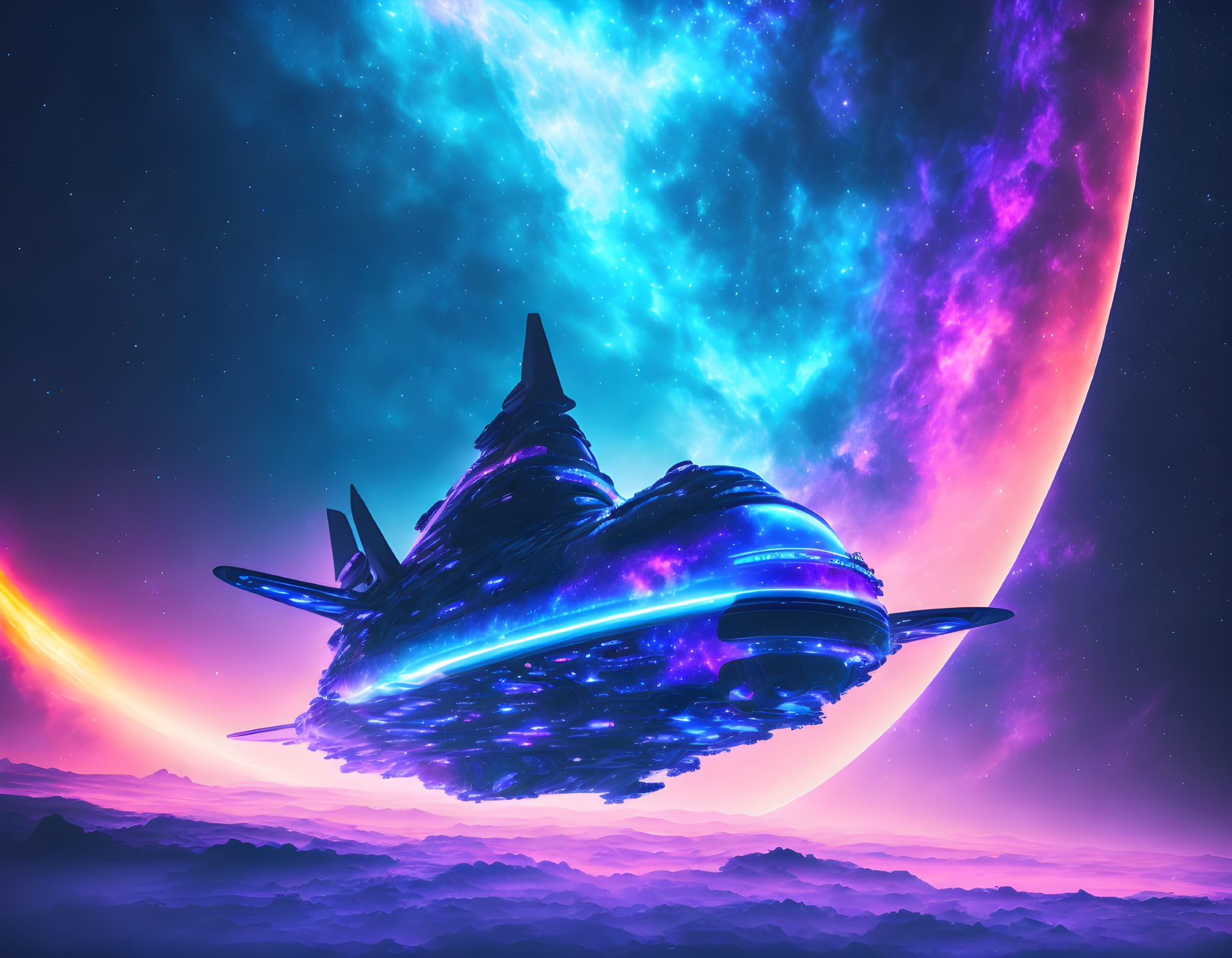 Futuristic spaceship over alien landscape with colorful nebula and giant planet