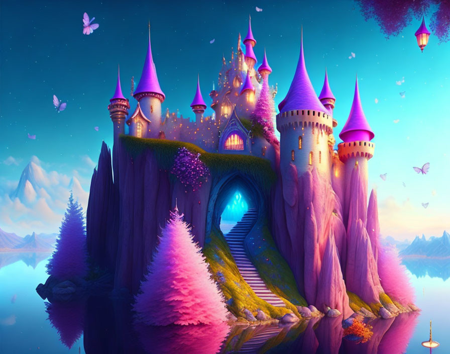 Fantasy castle with purple and pink turrets overlooking serene lake