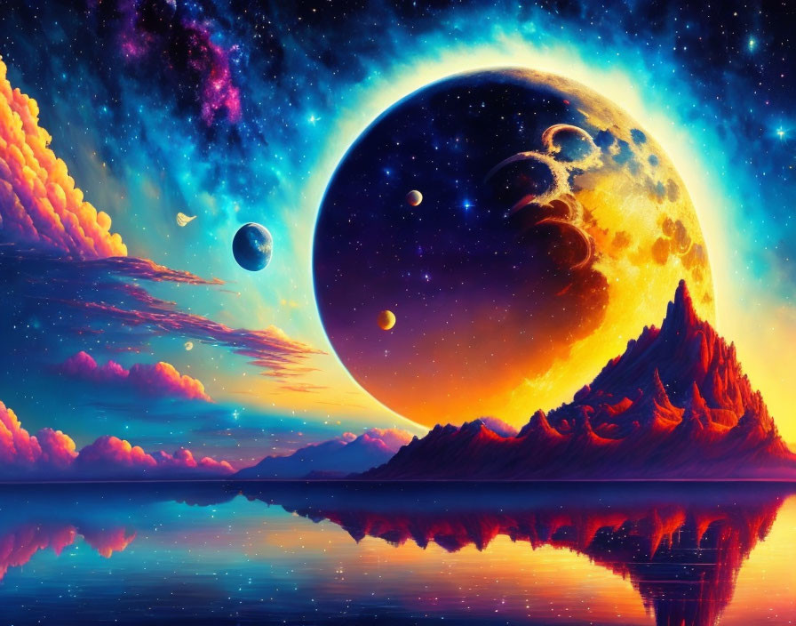 Surreal cosmic landscape with moon, planets, clouds, water, stars